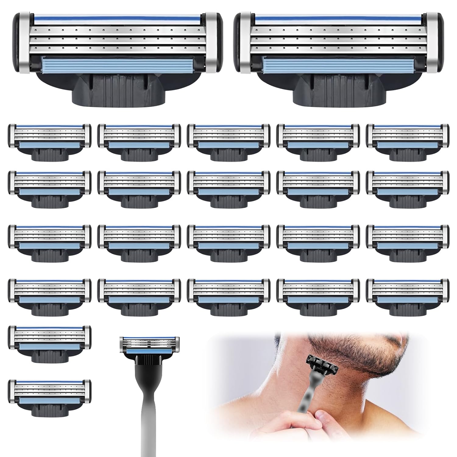 Razor Blade Refills for Men - 24PCS Compatible with mach 3 razor blades refills with Mach3 Razors, Dual Lubrication Blades for Extra Close & Comfortable Shave
