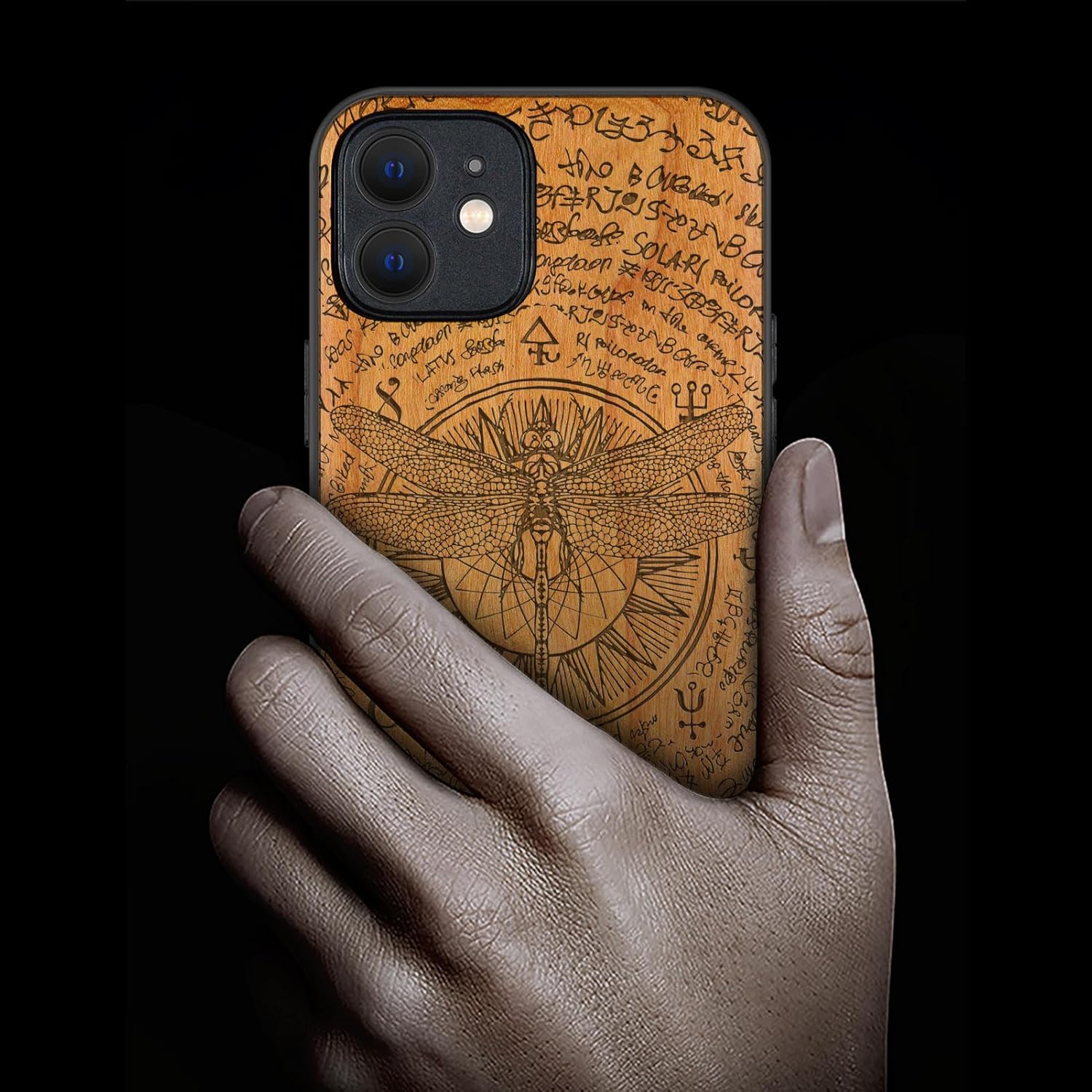 Carveit Magnetic Wood Case for iPhone 12 Case [Natural Wood & Black Soft TPU] Shockproof Protective Unique & Classy Wooden Cover Compatible with MagSafe (Dragonfly -Cherry)