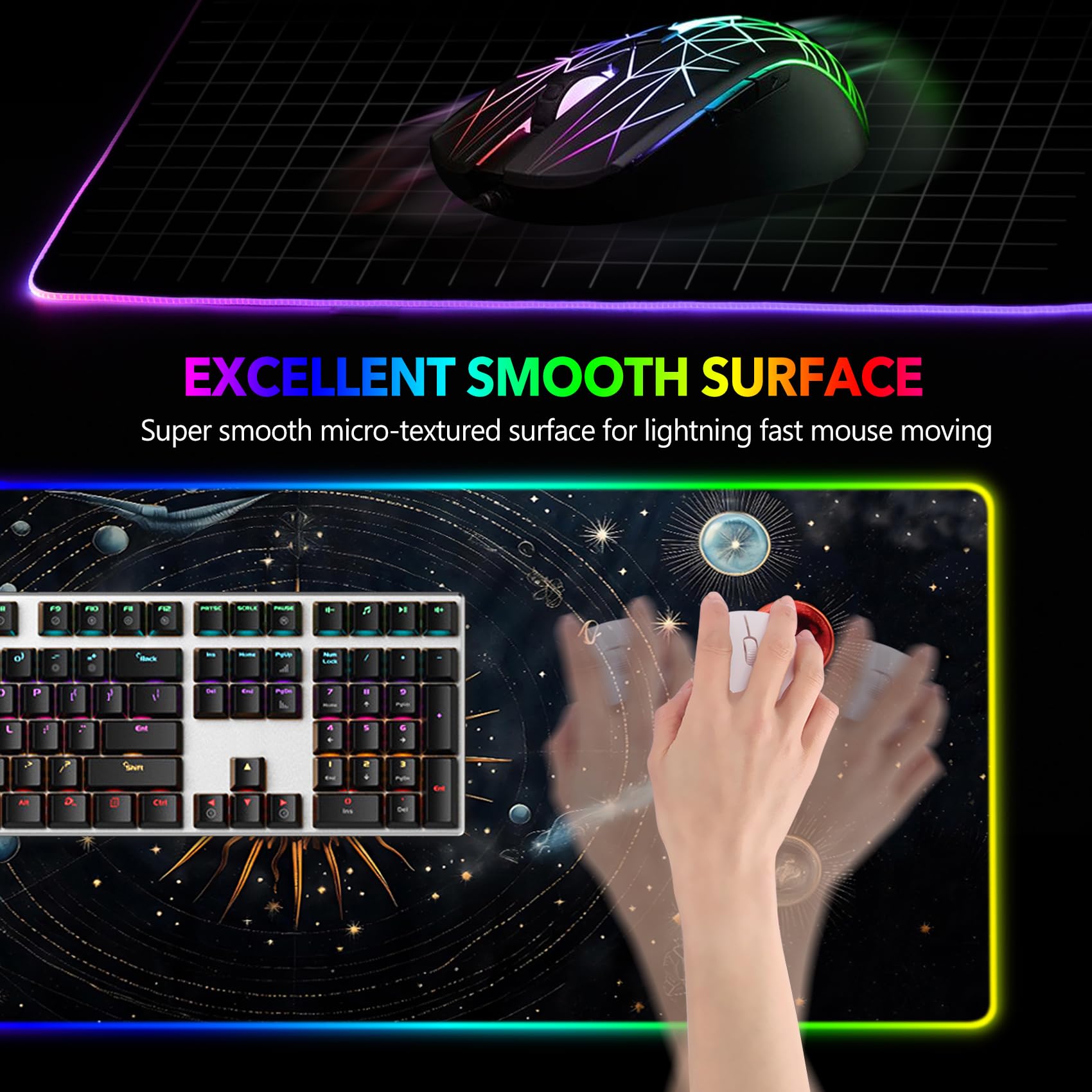 AIMSA Tappetino per Mouse Pad, per mouse da gioco a LED, con 14 modalità di illuminazione, base in gomma antiscivolo, per PC e laptop, motivo: sistema solare astratto