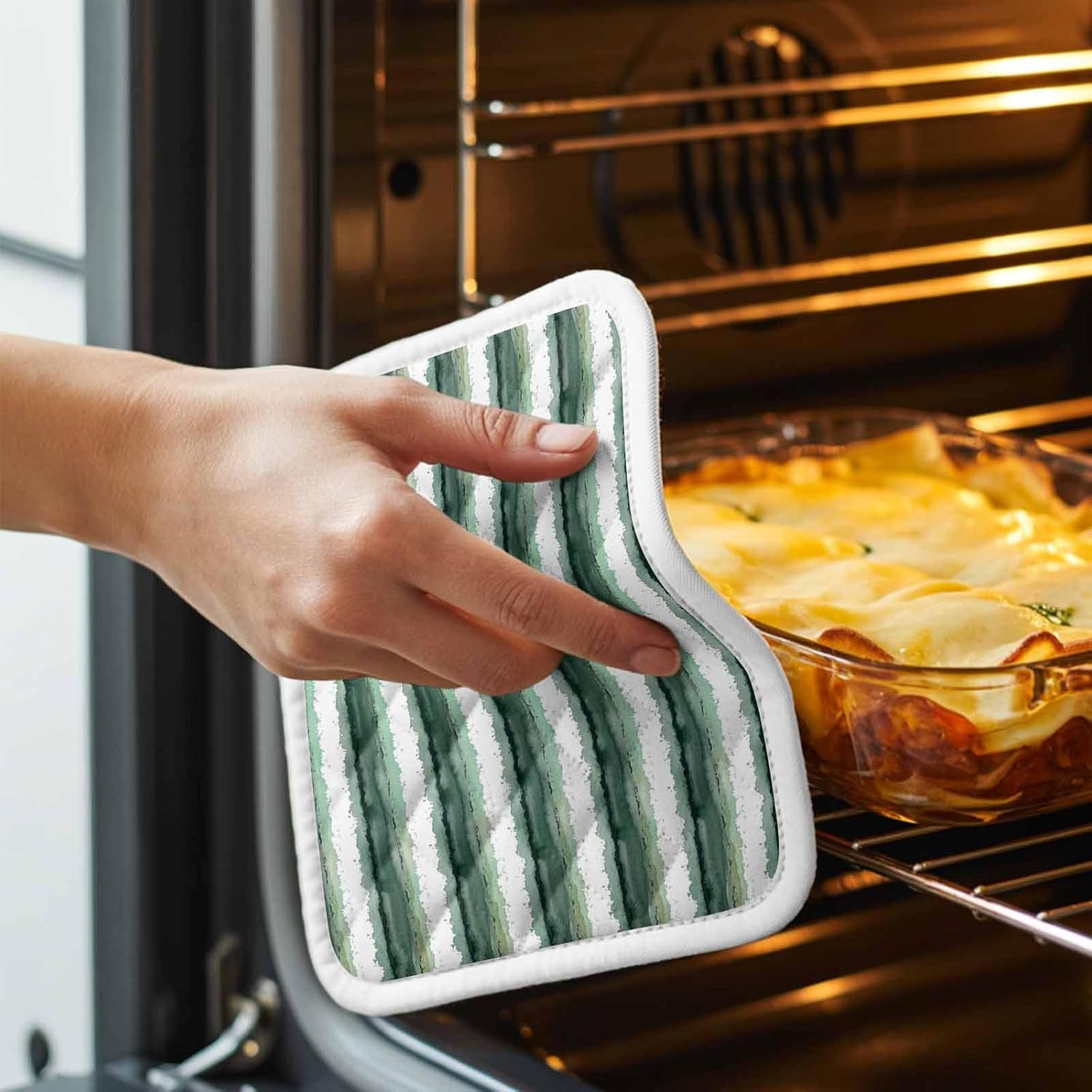 Green Striped Pot Holders for Kitchen Heat Insulation, Watercolor Farmhouse Stripes Abstract Potholders Hot Pads with Hanging Loop, Washable Oven Mitts Pot Holder Trivet for Cooking Baking 5 Pack