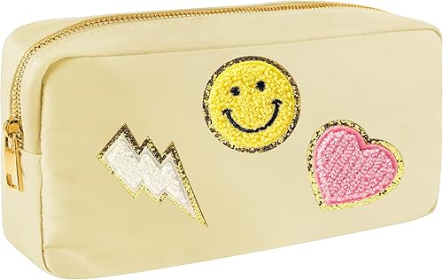 Preppy Patch - Bolsa de maquillaje pequeña de nailon impermeable portátil bolsa organizadora de artículos de aseo personal bolsa de uso diario para