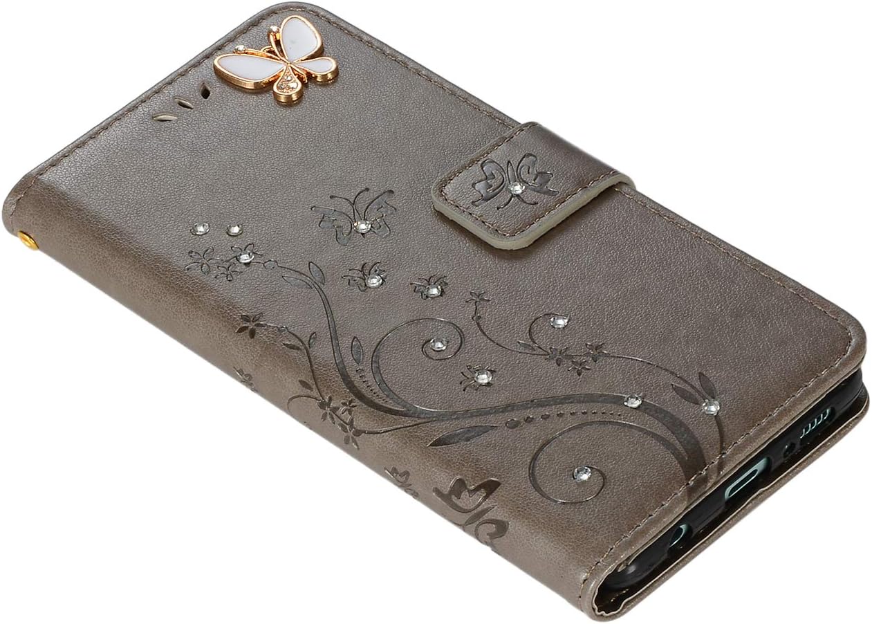 Galaxy A10 Wallet Case, Handmade 3D Bling Diamond Butterfly Flowers PU Leather Stand Flip Folio Phone Cover with Stylus Pen, Screen Protector, Card Holder & Hand Strap for Samsung Galaxy A10