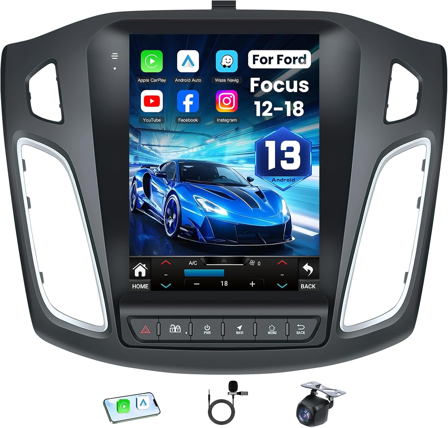 Car Radio for Ford Focus 2012-2018: 10.4 Inch Touchscreen Head Unit Replacement Stereo Support Wireless Carplay Android Auto 5GWiFi Bluetooth5.0 GPS FM SWC Backup Camera 2+64G