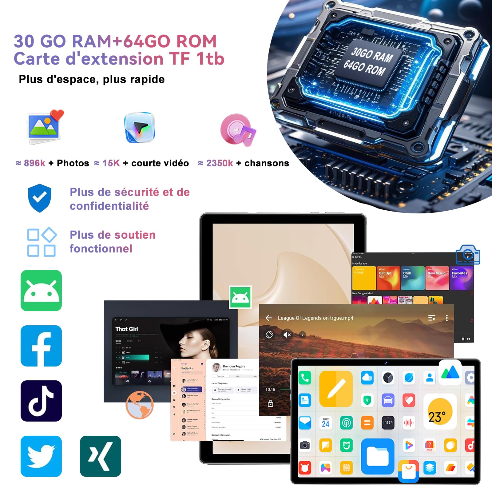 Tablette Android 15 Gemini AI 10 pouces,30GO+64GO,6000mAh,Widevine L1,Noir