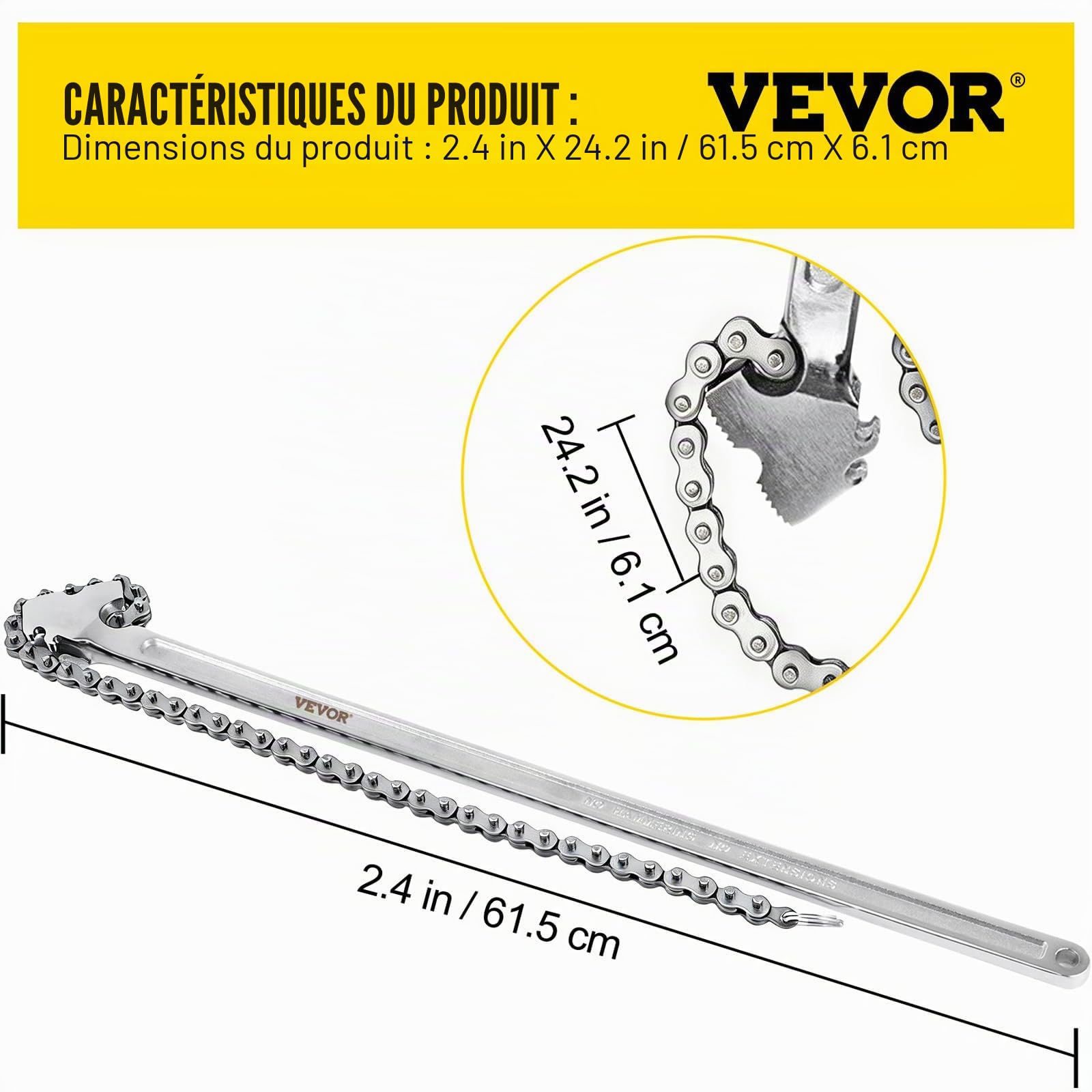 VEVOR Clé à Chaîne Poignée 610 mm Chaîne 560 mm, Clé à Tuyaux en Acier au Carbone, Adaptée à la Réparation de Réservoirs d'Essence, la Plomberie Domestique, l'Entretien des Véhicules Garage Atelier