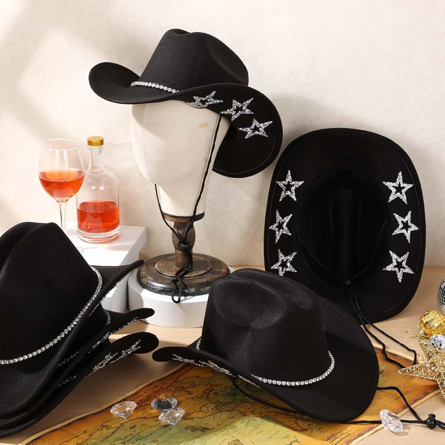 Hercicy 6 Pcs Sparkly Star Cowboy Hat Felt Black Western Hat with Adjustable Drawstring for Men and Women Cosplay Party