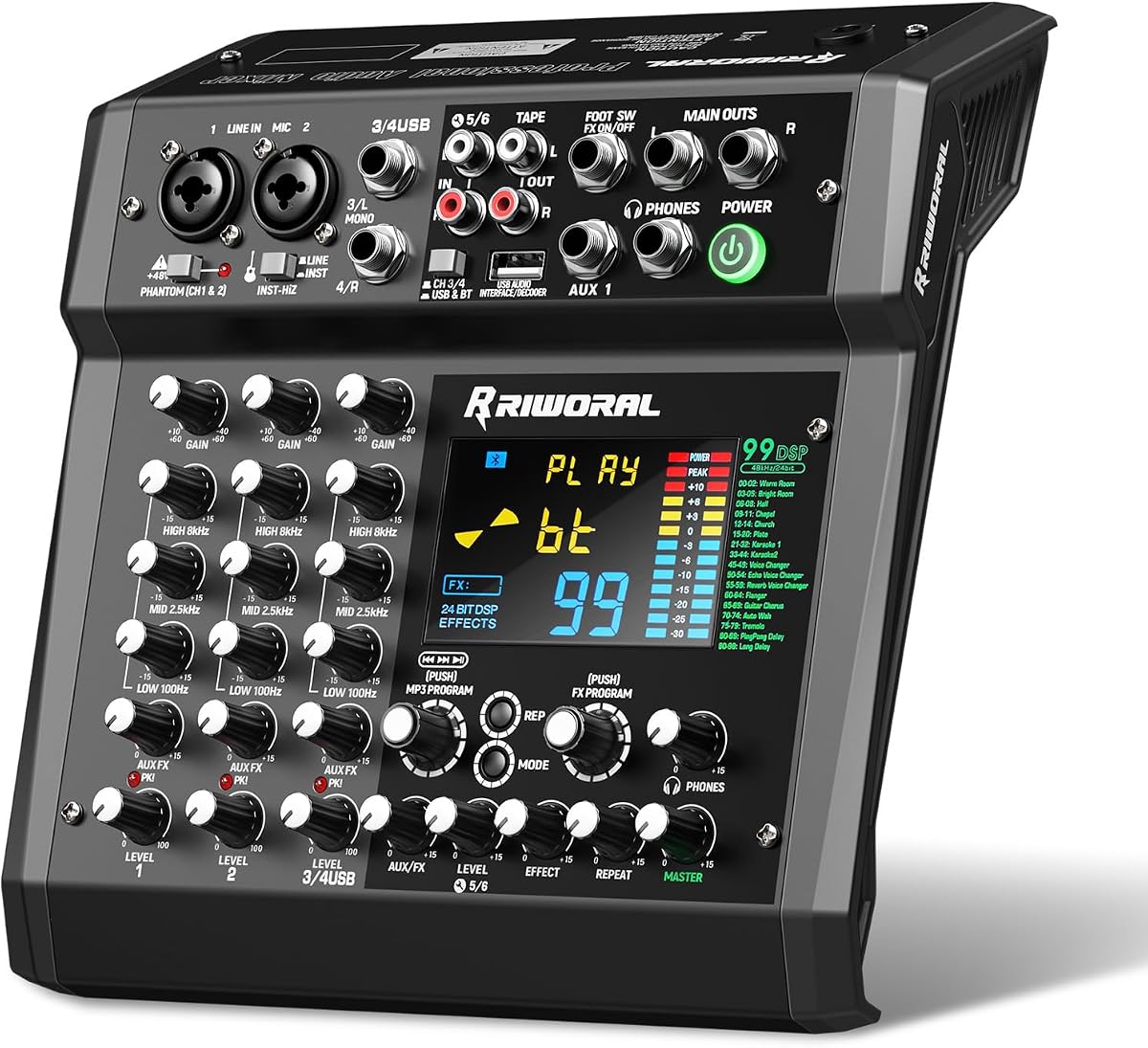Mezclador de interfaz de audio de 6 canales Tablero de sonido 99 efectos digitales DSP con interfaz USB Rac Bluetooth de 48 kHz/24 bits como reproductor de MP3 Mezclador de audio Interruptor de encendido/apagado para karaoke Dj Studio Grabación en streaming
