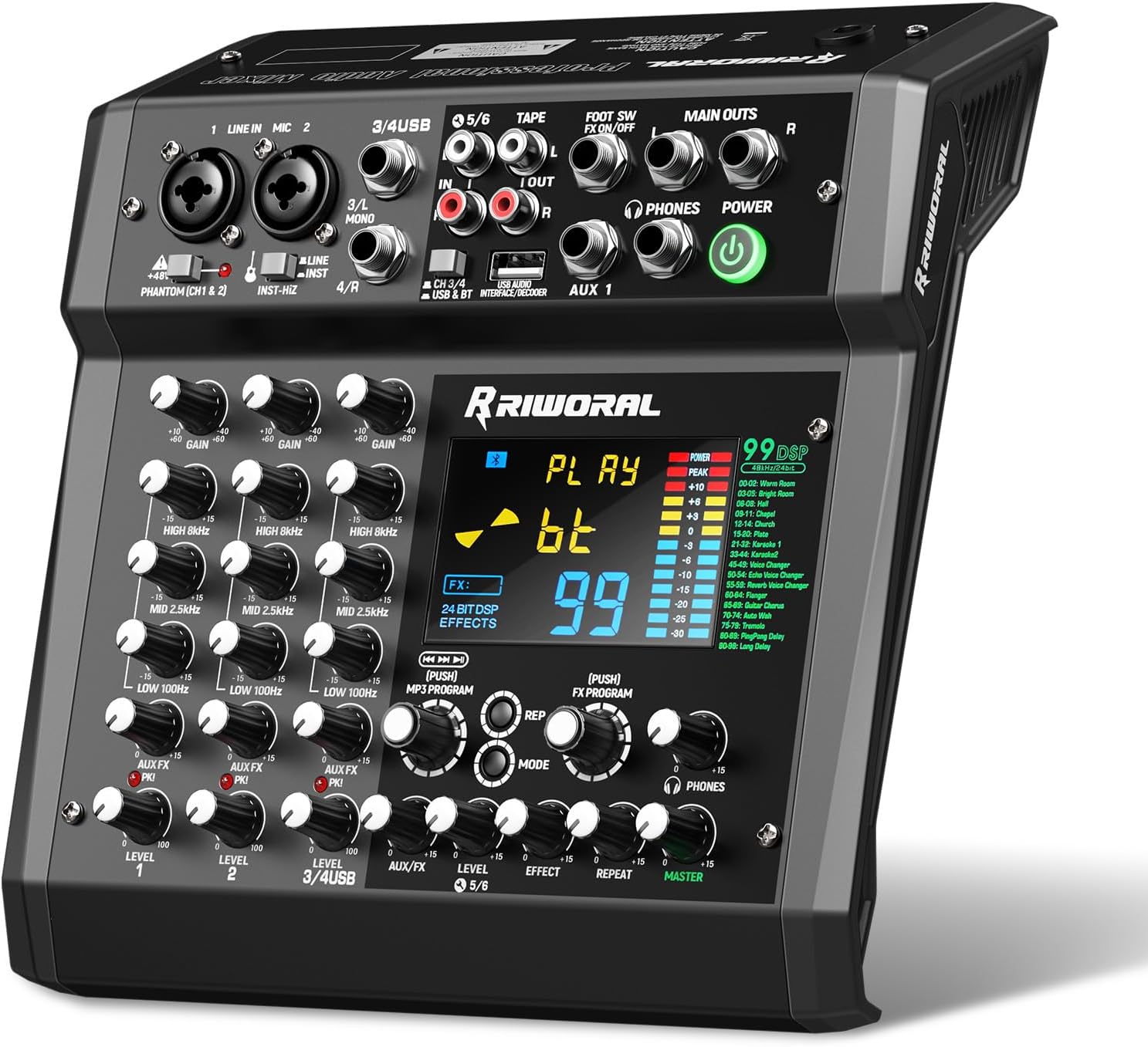 6 Channel Audio Interface Mixer Sound Board 99 DSP Digital Effects With 48khz/24bit Bluetooth USB Rac Interface As Mp3 Player Audio Mixer Feet Switch On/off For Karaoke Dj Studio Streaming Recording