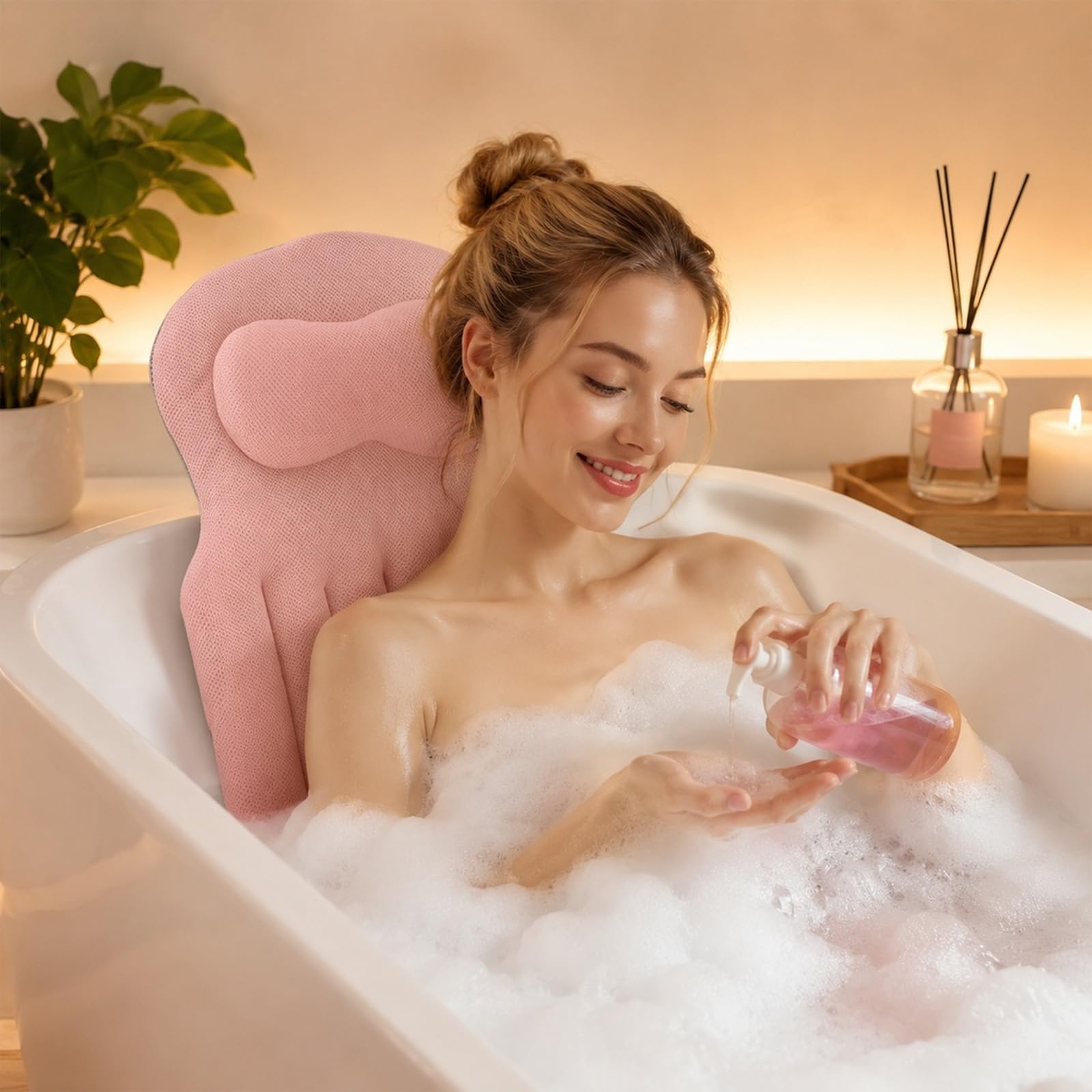 Cuscino per vasca da bagno, cuscino per vasca da bagno, cuscino per vasca da bagno con poggiatesta per alleviare il collo e la schiena, cuscino da bagno con forti ventose (rosa)