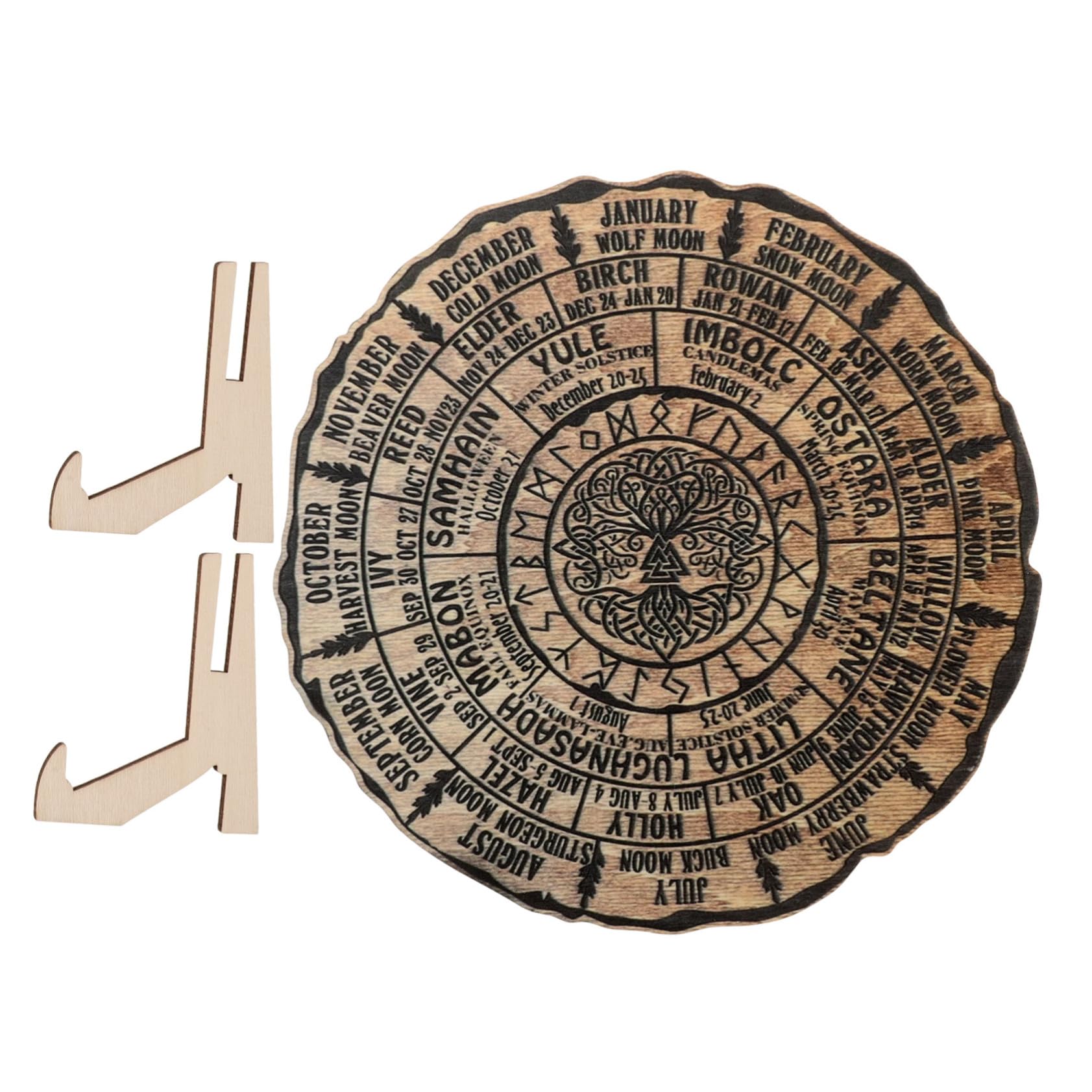 NUOBESTY Wooden Decorations Tree of Life Wall Art Wiccan Calendar Board 2025 Calendar Decorative Wheel Desktop Decoration Wicca Wheel of The Year Wall Decor Altar