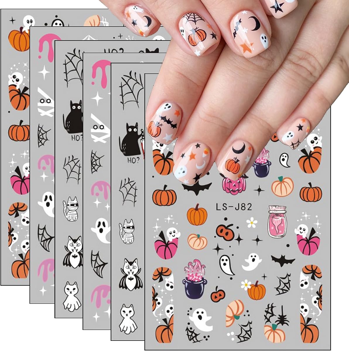 Halloween Nail Art Stickers Cute Ghost Pumpkin 3D Self-Adhesive Nail Decals Bat Cat Skull Designs Nail Decorations Halloween DIY Manicure Supplies for Women Girls&Kids 6Pcs
