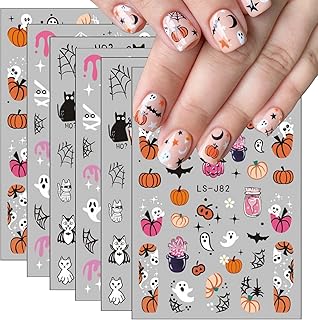 Halloween Nail Art Stickers Cute Ghost Pumpkin 3D Self-Adhesive Nail Decals Bat Cat Skull Designs Nail Decorations Halloween DIY Manicure Supplies for Women Girls&Kids 6Pcs