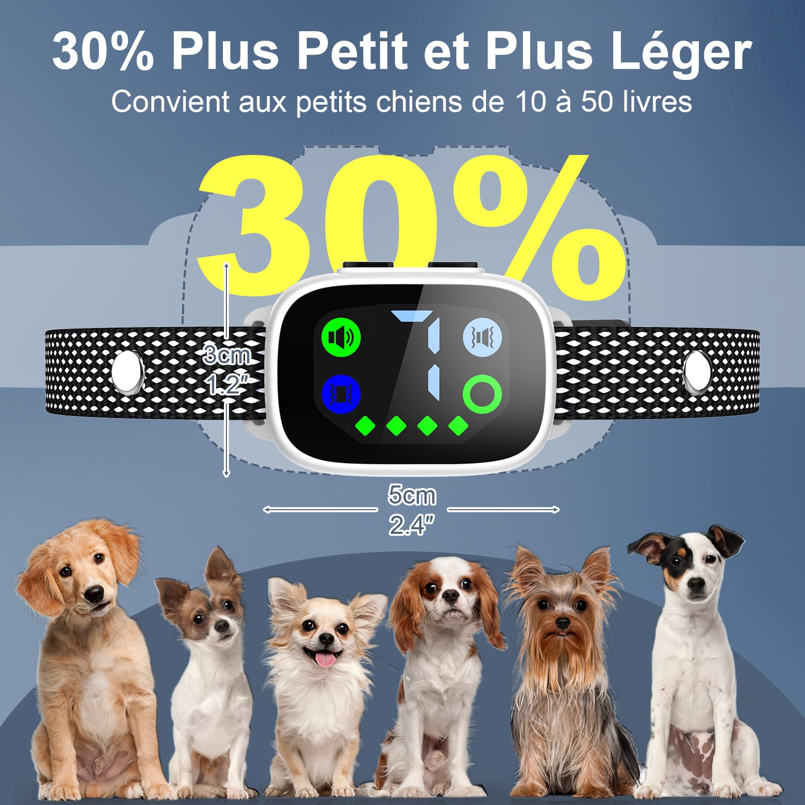 PcEoTllar Collar Antiladridos Perros, Collares Antiladridos para Perros Recargable, Detección Inteligente de Ladridos con Vibración/Sonido/Sonido más Vibración, Sensibilidad Ajustables, Blanco