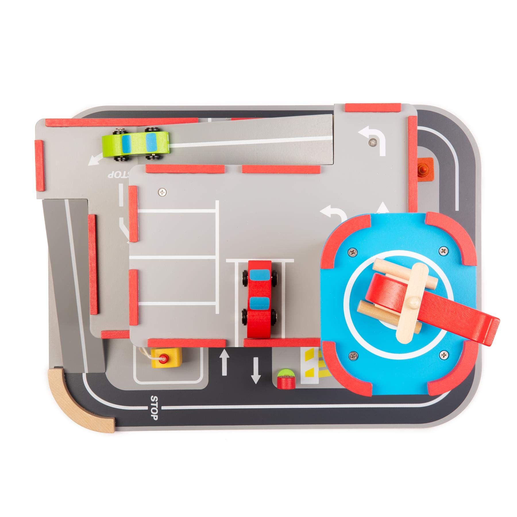 boppi Garaje y Aparcamiento de Madera de Juguete de 39 cm de Alto para niños de 12 Piezas, con Ascensor Funcional a Las 3 Plantas, gasolinera, señales de tráfico, 2 Coches de Juguete y un helicóptero