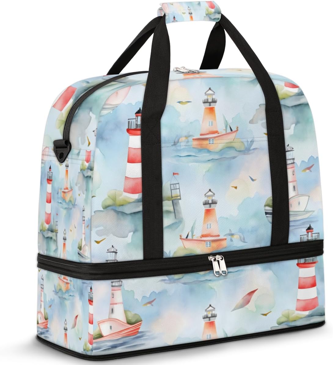 QsirBC Lighthouse Funny Pattern Gym Bag for Women Duffle Tote with Shoes Compartment Men Weekender Duffel for Dance Travel Sports Swimming Overnight