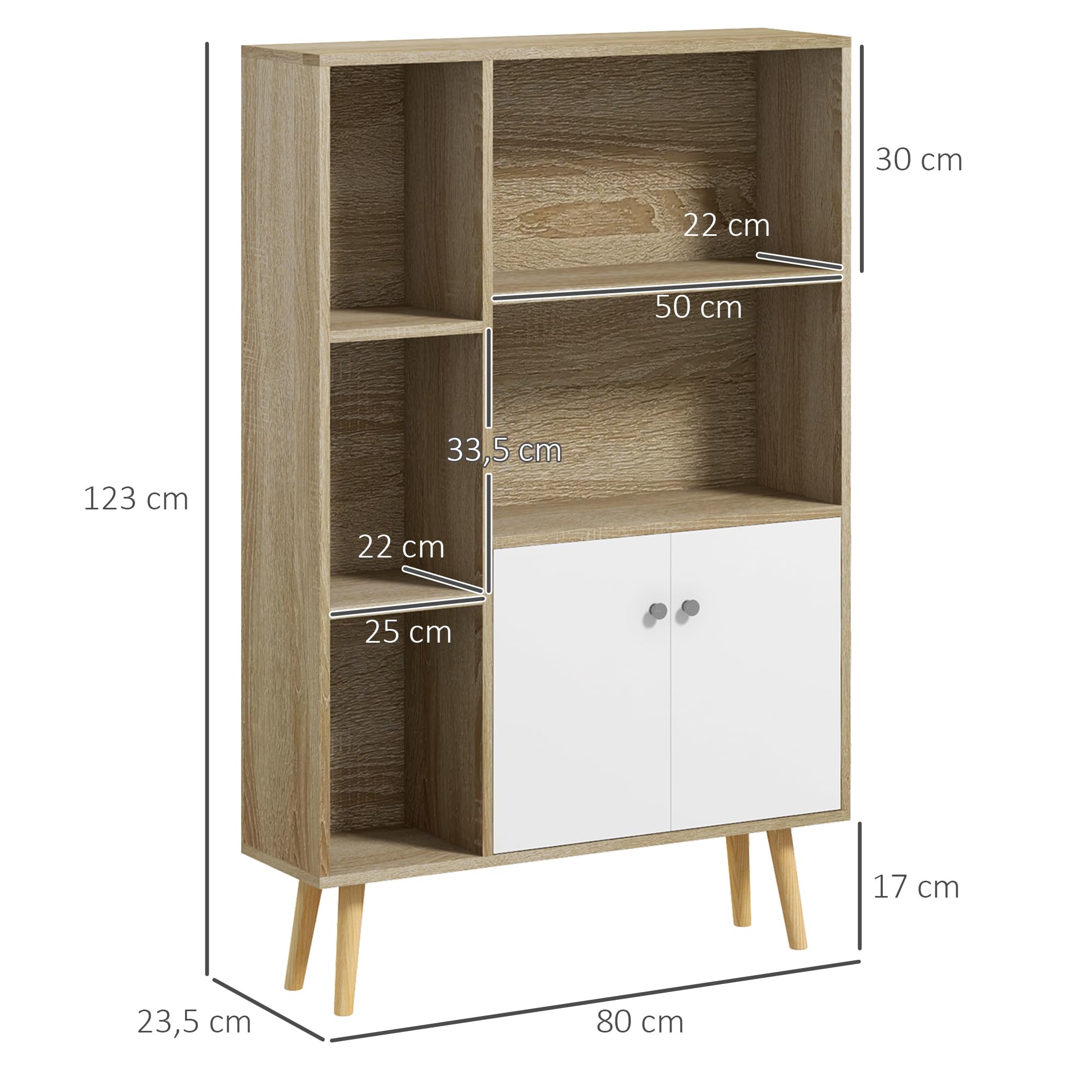 HOMCOM Bibliothèque 5 Niches Placard 2 Portes 80L x 23,5l x 123H cm Chêne