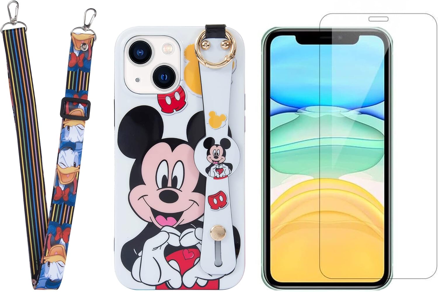 Oiluoyu iPhone 13 Case with HD Screen Protector, Cute Cartoon Design Silicone Full Protective Phone Cover Case with Wrist Strap and Lanyard, Suitable for Womens Kids and Girls