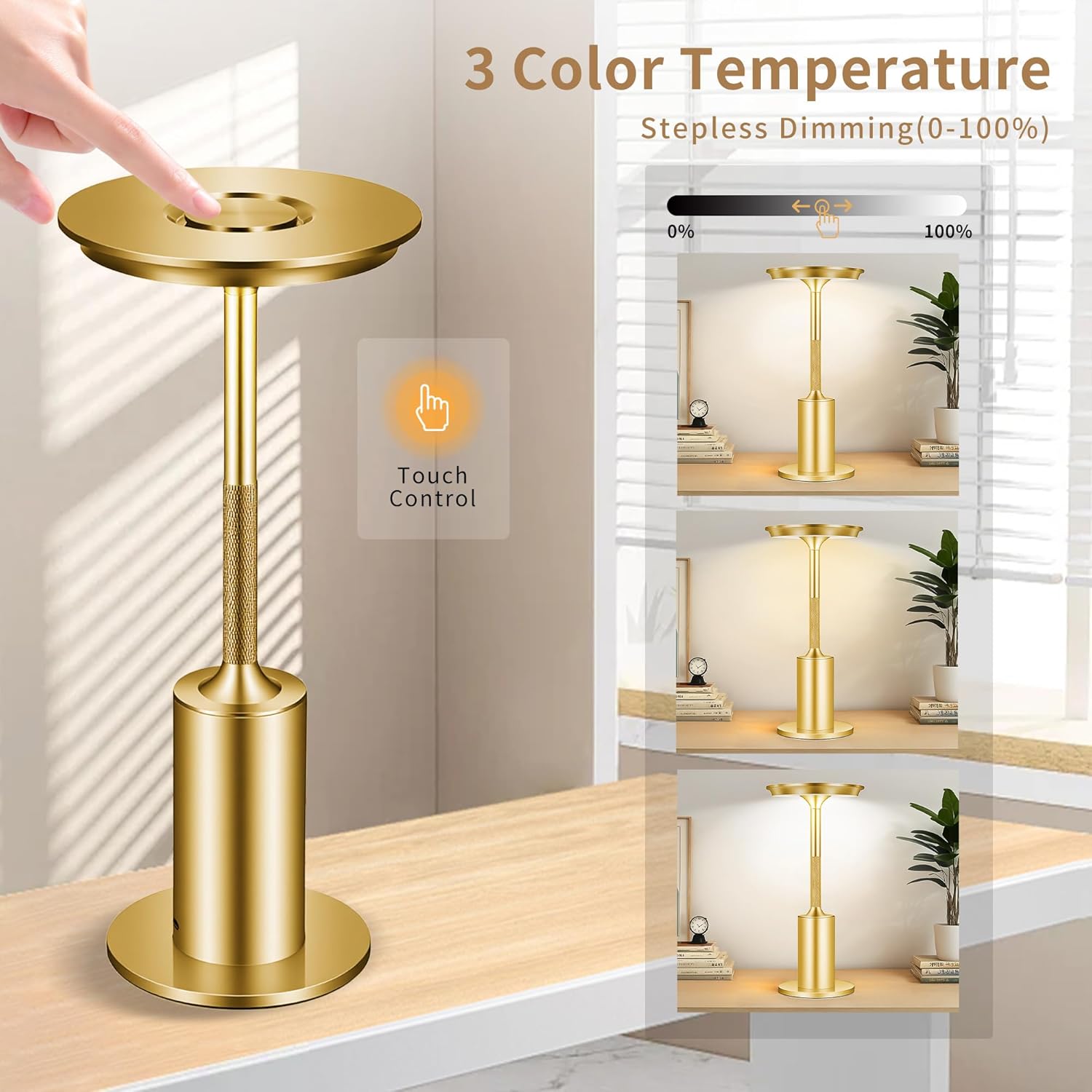 Rechargeable Cordless Table Lamps, 2 Pack 6000mAh Battery Table Light, 3 Color Stepless Dimming,LED Table Light with Memory Function, Suit for Restaurant/Dinner/Patio/Outdoor (Gold)