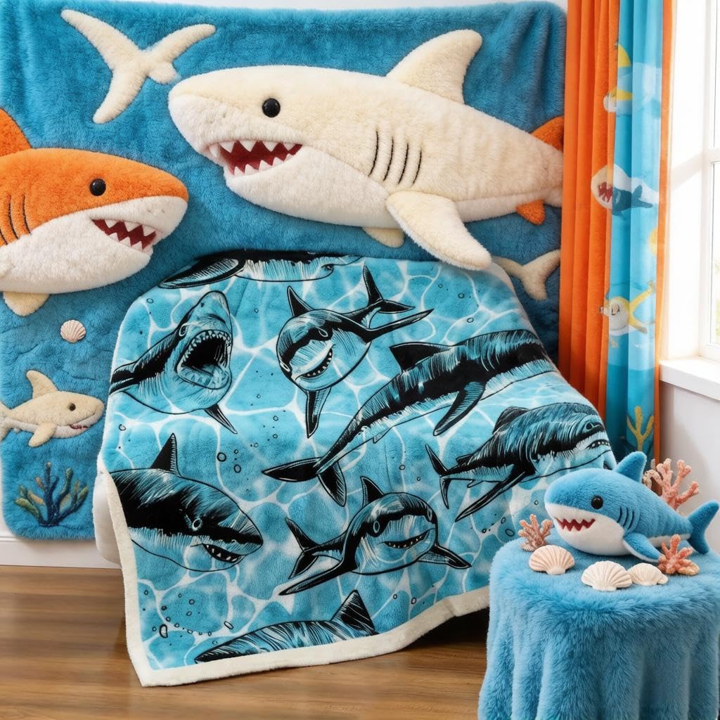 Manta de forro polar de tiburón para niños y niños pequeños, manta de sherpa de vida marina, manta de felpa de animales acuáticos para sofá cama, suave y ligera, azul para bebé, 30 x 40 pulgadas