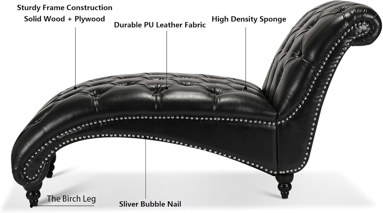 Button Tufted Chaise Lounge PU Leather Upholstered Mid Century Modern Accent Sofa Chaise Armless Elegant Recliner Lounge Chair Solid Wood Legs (PU Black)