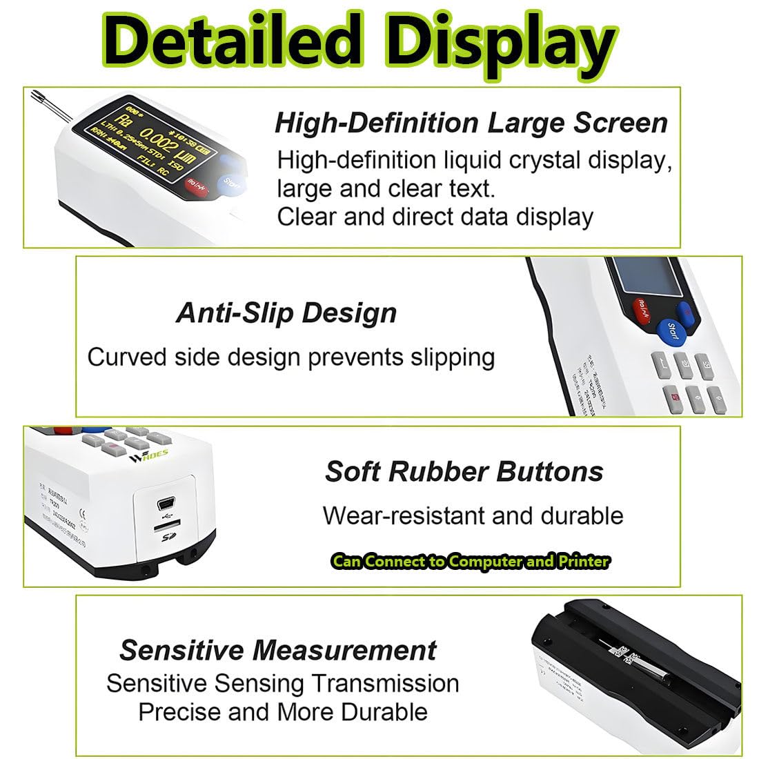Probador Rugosidad Digital,Probador Rugosidad Superficial,Rango Medición 0,025 Um a 12,5 Um,Sonda Diamante,Pantalla LCD,para Detección Superficies White
