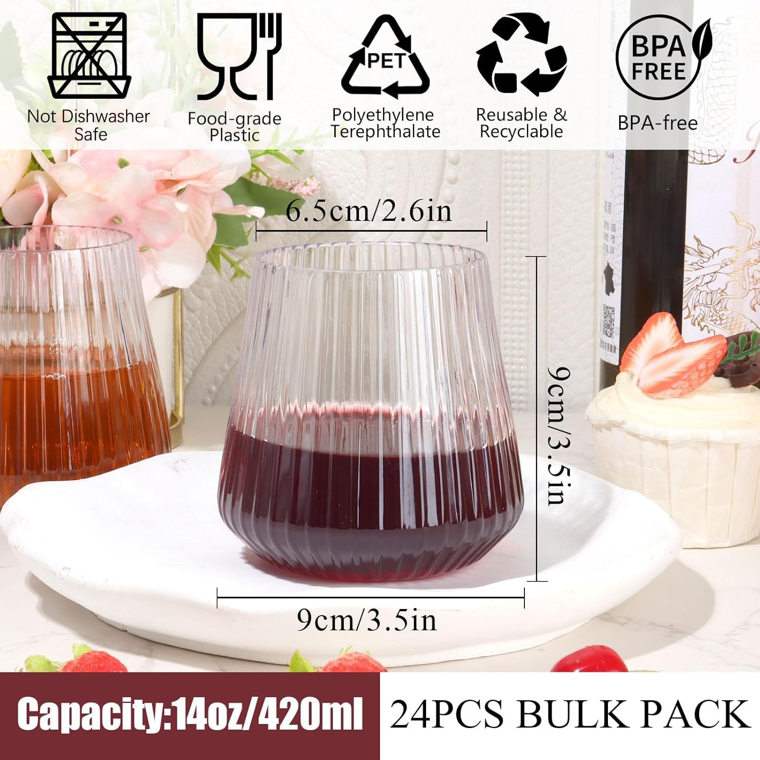 24 Pack Plastic Ribbed Wine Glasses, 14oz Stemless Disposable Wine Cups, Cute Clear Unbreakable Outdoor Cocktail Glasses, Heavy Duty Reusable Plastic Drinking Cup for Party Wedding Mimosa Bar - Image 2