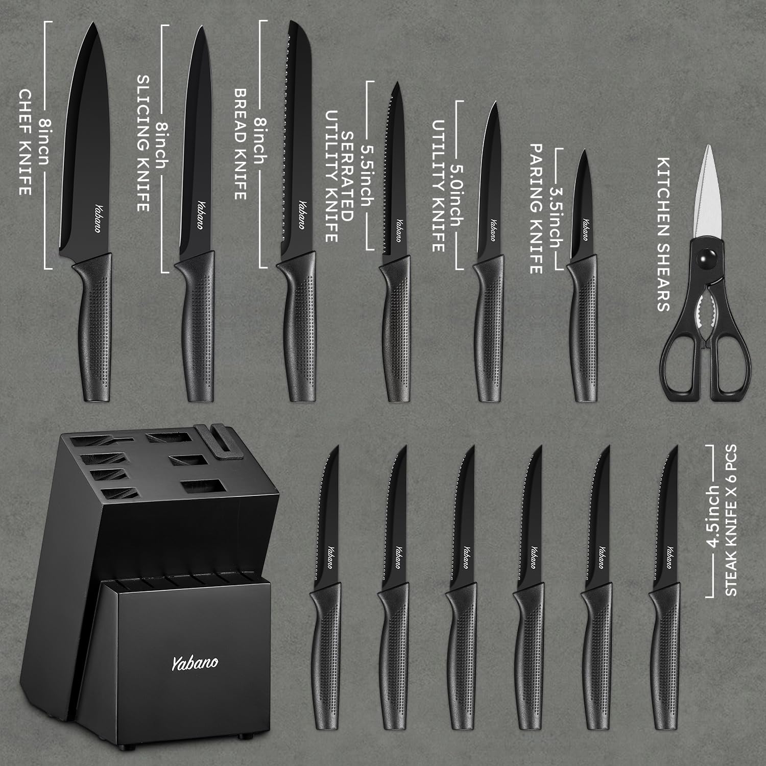 Yabano Couteaux de Cuisine 14 Pièces Inox Noir Bloc Aiguiseur | Lame acier inoxydable BO oxidation, support bois affuteuse integree, 6 pieces a steak, ciseaux, manche ergonomique