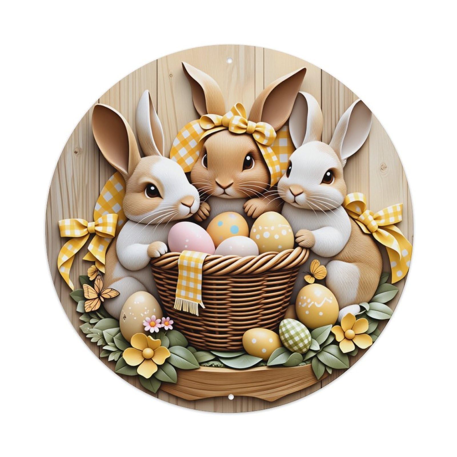 Easter Bunnies Basket Eggs Flowers Round Tin Sign Vintage Metal Poster Retro Bar, Home, Man Cave, Kitchen, Laundry Room Wall Art Decor Gift 8x8Inch