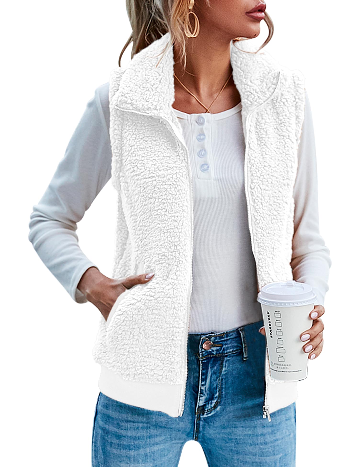 IECCP Teddy Fleece Weste Damen Warme Ärmellose Weste für Herbst und Winter Teddyjacke Lässig und leicht Damenweste Herbstmantel mit Stehkragen