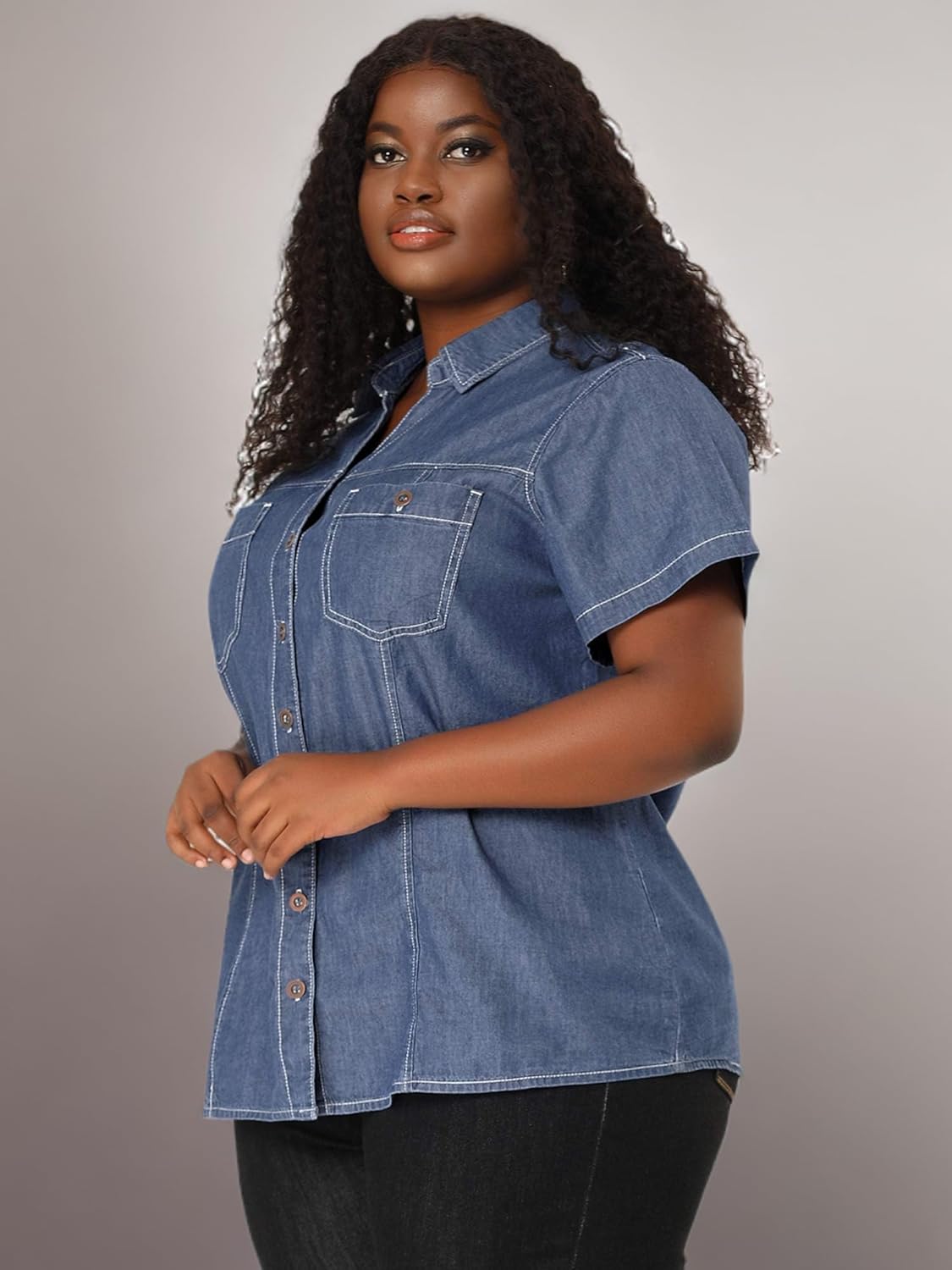Agnes Orinda Plus Size Denim Shirts for Women Short Sleeve Chambray Button Down Shirts Casual Shirt