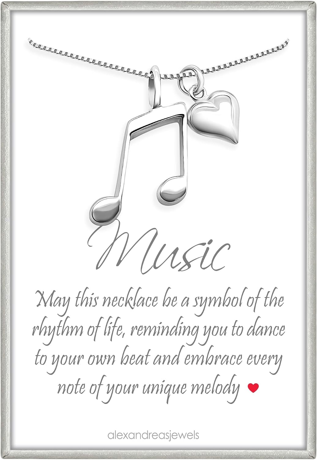 Music Note and Heart Necklace, Sterling Silver Melody Music Note Pendant and Puffed Heart Charm Necklace, Musician Music Lover Gift
