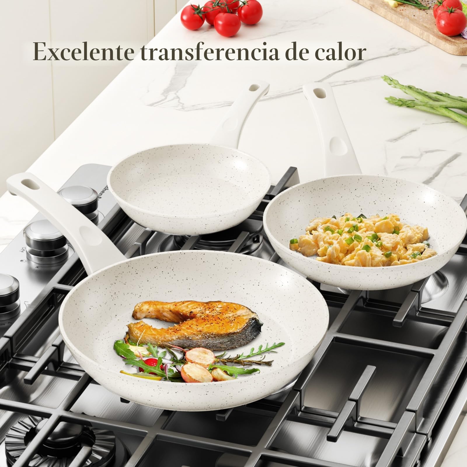 Innerwell Juego de 3 sartenes antiadherentes 20 + 24 + 28 cm, sartén de inducción con revestimiento antiadherente cerámico, sin PFOA, apto para horno y lavavajillas, Blanco