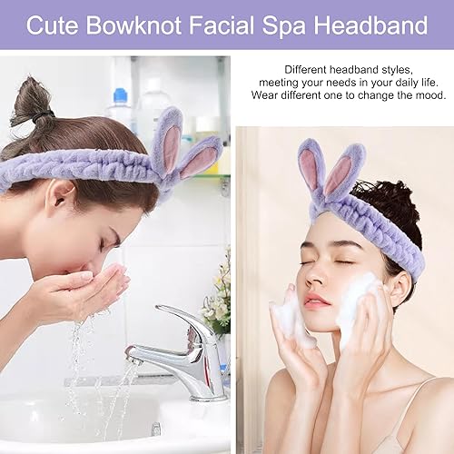 Miniatura 6 de Jowmoy Bonita diadema de orejas de conejo, diadema para lavar la cara para mujeres, maquillaje, ducha, spa