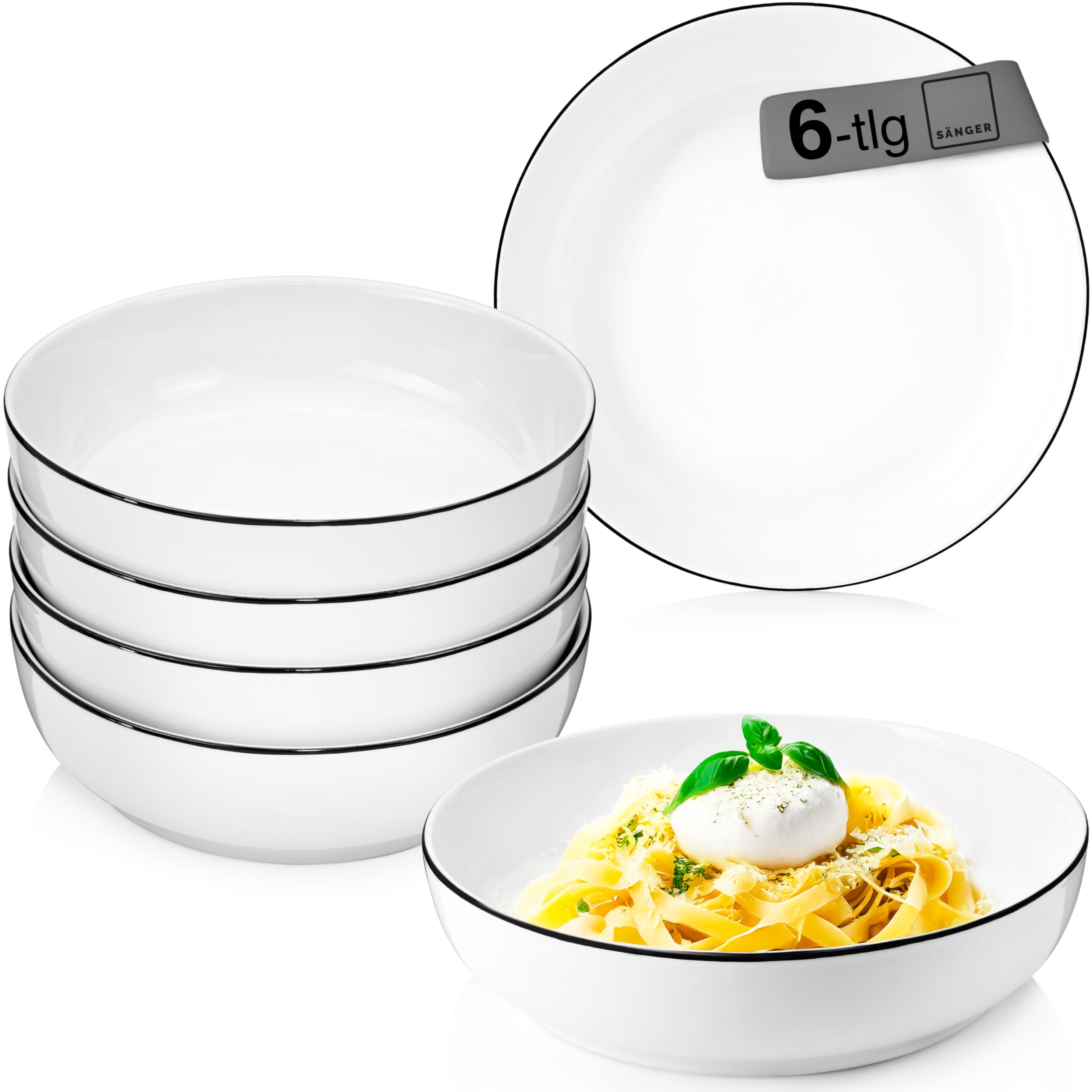 SÄNGER | Pastaschalen Marlo Black Rim 6 tlg, Schüssel Set 6 Personen, Porzellan Bowl Schüssel, Schale, Spülmaschinenfest, Pastaschale Weiß mit schwarzen Akzenten 850 ml | PREMIUM COLLECTION