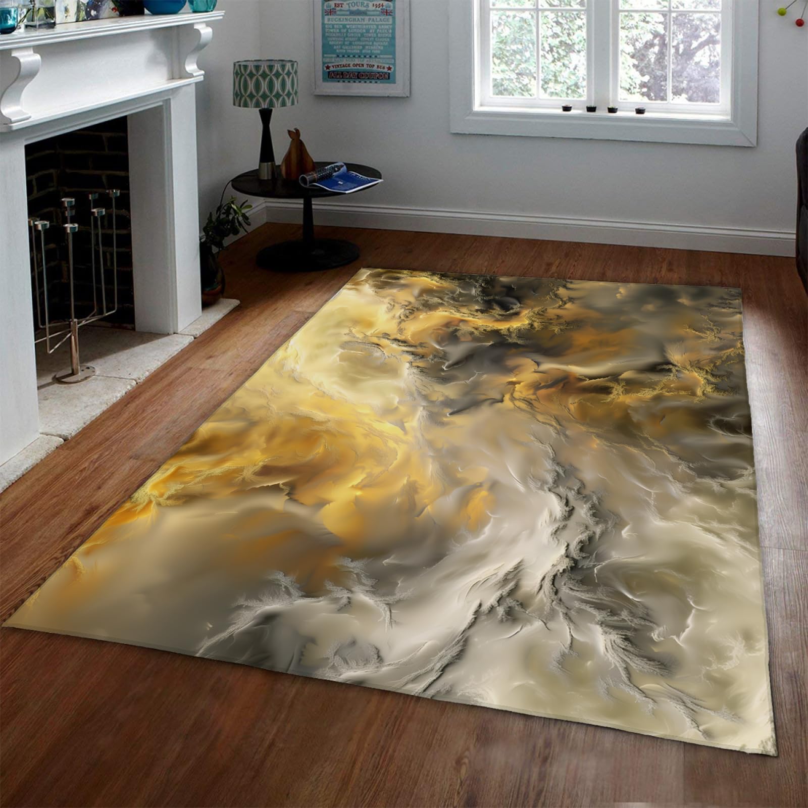 Teppich im modernen Stil 160x240cm - Abstrakte Bunte Wolkenteppiche Gelbgold Farbverlauf Dark Clouds waschbarer Rutschfester dünner Teppich mit niedrigem Flor für die Veranda