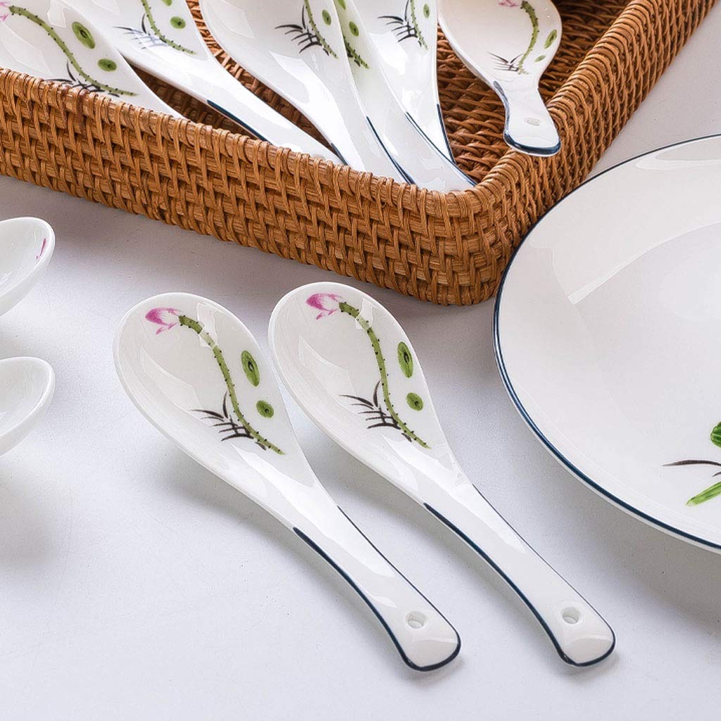 cucharas de Sopa Hueso China Cerámica Cerámica Hogar Pequeño Sopa Cuchara 10 Piezas Pintado a Mano Lotus Porcelana Sopa Cuchara Longitud 5.3 Pulgadas Cuchara para Servir de Cocina