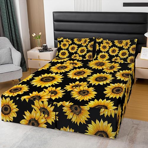 Falda de cama individual de girasol, flores soleadas con esquinas divididas, faldas de cama bohemias florales amarillas, falda de cama para plantas