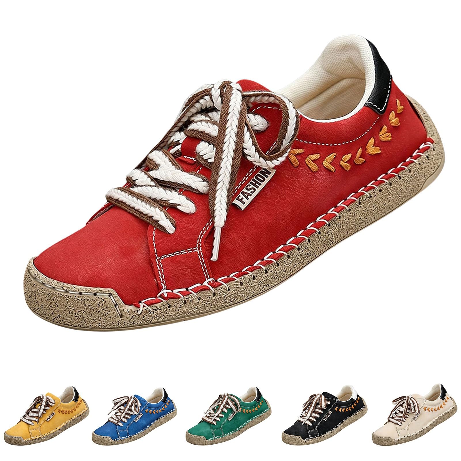 Low-Top-Sneaker für Damen und Herren, flache Stickerei, Schnürschuh, rot | Handgenähte, runde Zehenpartie, breite Passform, rutschfest, Unisex, Freizeit-Sneaker, Wanderschuhe, Urlaub, Büro