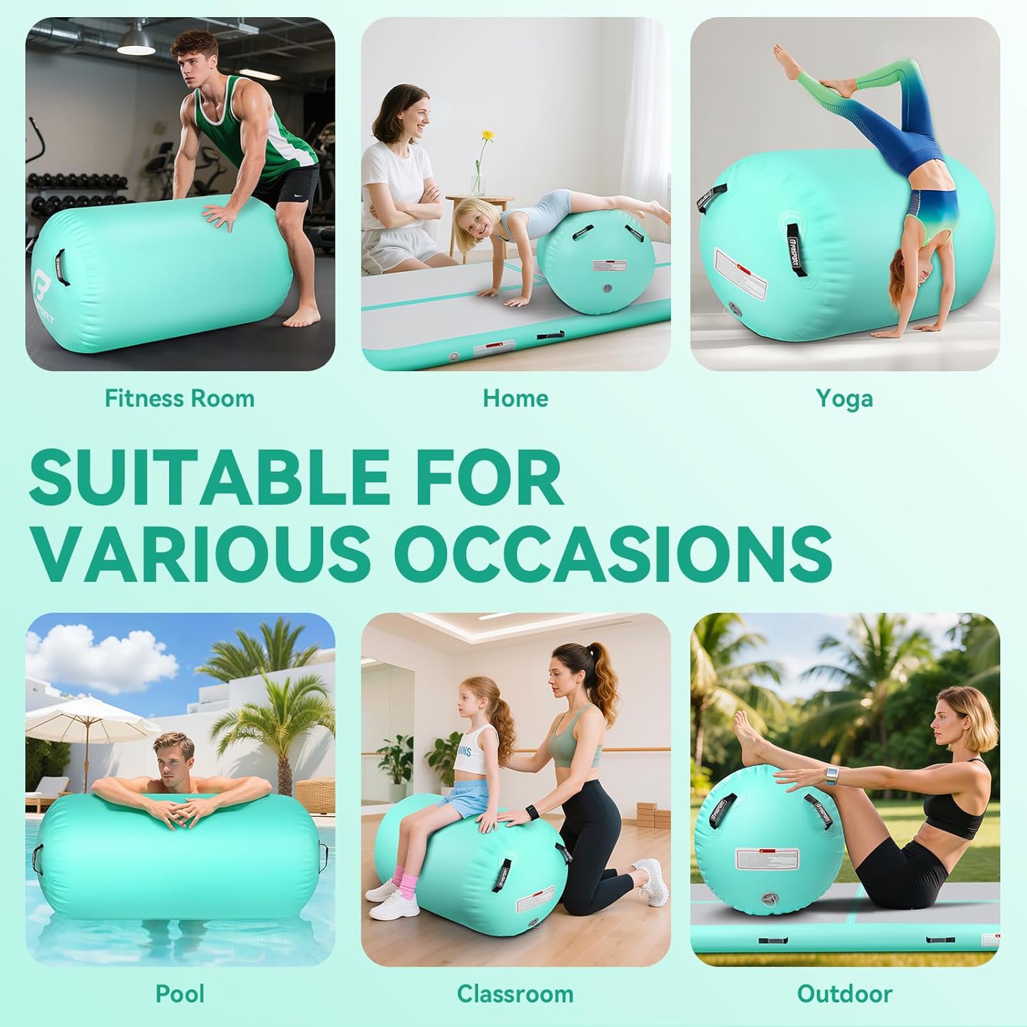 air roller gymnastics barrel, inflatable gymnastics air roller inflatable air gymnastics mat with electric pump for yoga cheerleading training home outdoor use air roller-light green mat: none | roller: 39.37in x 23.6in