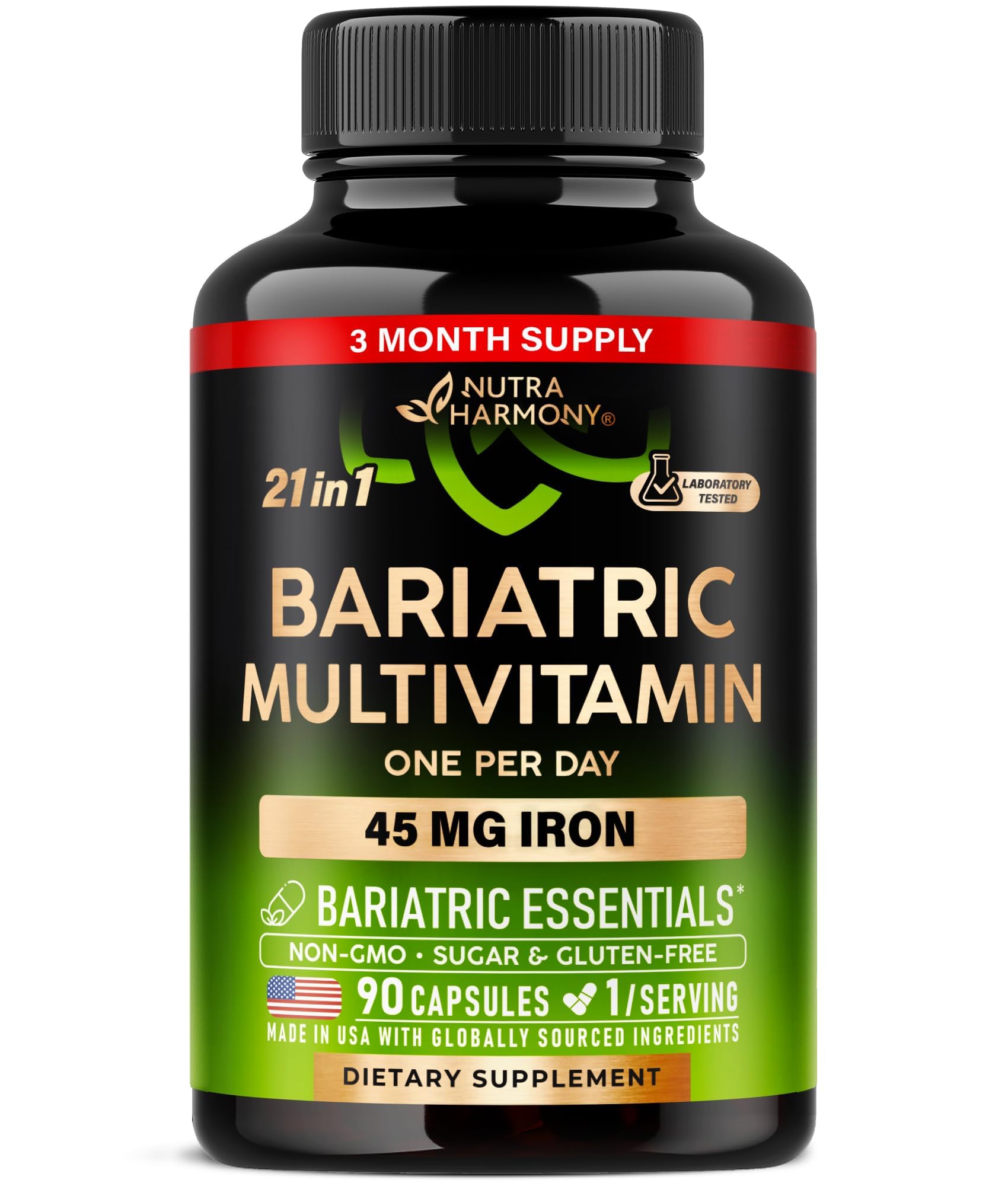 Bariatric Multivitamin with Iron 45mg - 21in1 Bariatric Complex - 90 Caps | Bariatric Vitamins for Women & Men - Lab Tested - Gastric Sleeve Support - Free of Sugar, Gluten & Soy - 1/Day