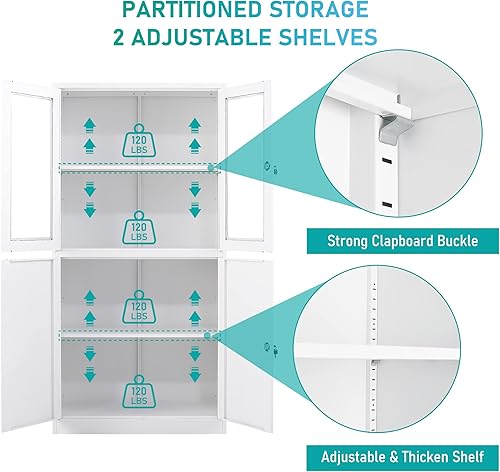 Miniatura 6 de MIIIKO Armario de almacenamiento de metal negro con puertas de cristal, armario de exhibición negro con estantes ajustables y puertas de bloqueo,