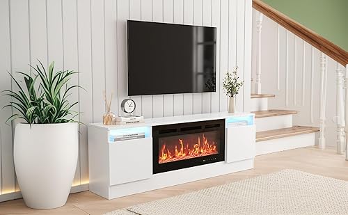 Miniatura 8 de Soporte de TV moderno para TV de hasta 75 pulgadas, armarios de mesa de consola de televisión blancos de 70 pulgadas con almacenamiento y luces LED,