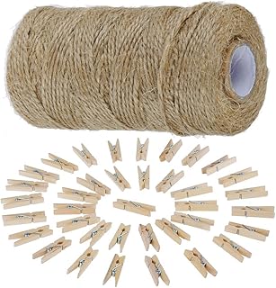 Anpro Corda di spago in iuta, da 812 cm, con 50 mini mollette in legno, marrone, ideale per buste per bigliettini di Natale e foto, progetti artistici, regali, giardinaggio