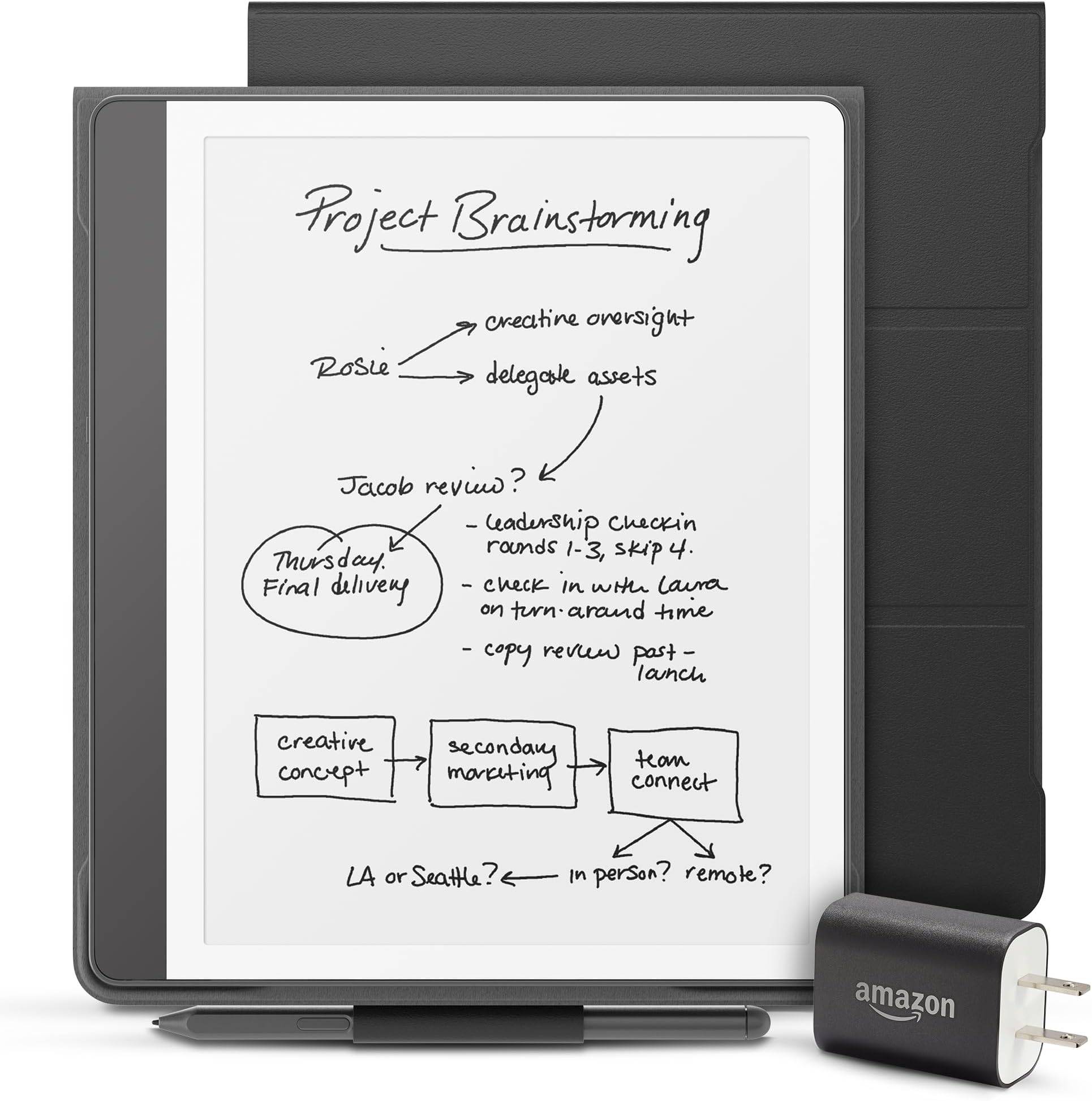 Kindle Scribe Essentials Bundle including Kindle Scribe (16GB) - Tungsten, Premium Pen, Plant-Based Leather Folio-Black, and Power Adapter