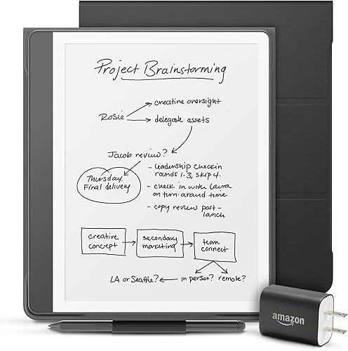 Paquete Tienda Kindle Scribe Essentials que incluye Kindle Scribe (64 GB). Tungsteno, lápiz prémium, funda de cuero vegetal negra y adaptador de