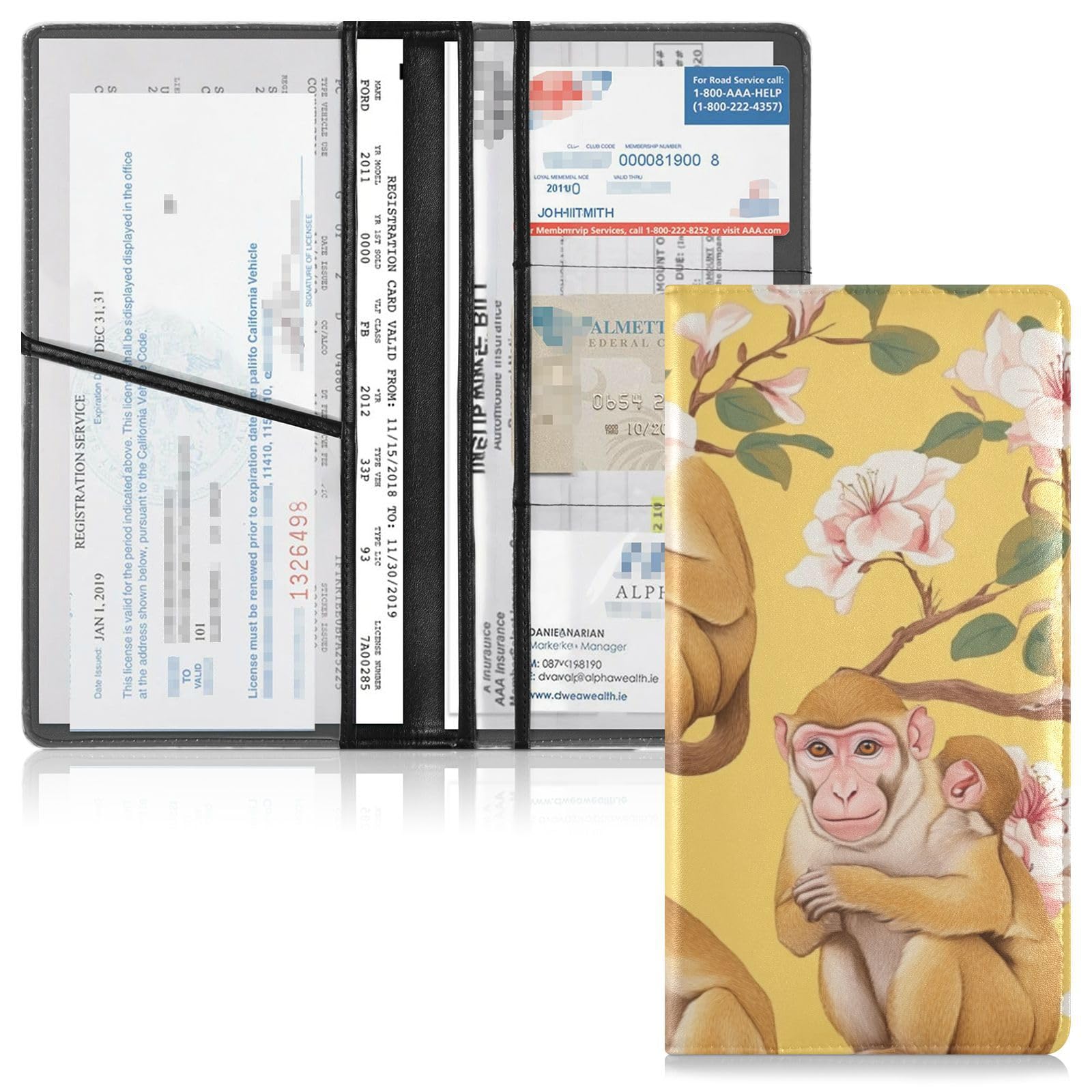 Premium Leather Registration and Insurance Card Holder Men Women Essential Wallet Case for Driver Auto Owners Trailer Motorcycle Boat Sweet Rhesus Monkey Macaque