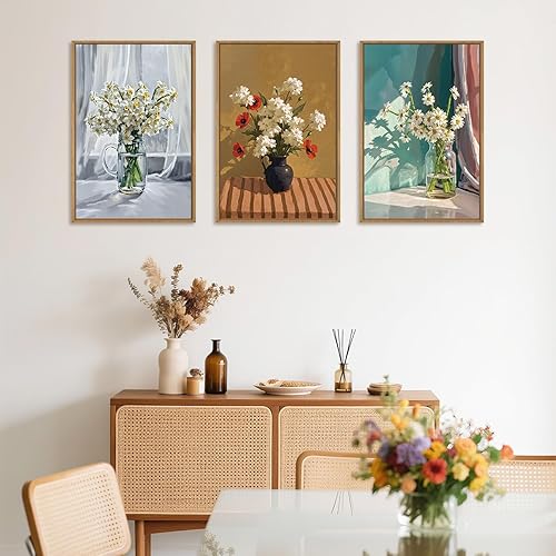 Miniatura 4 de LHIUEM Juego de arte de pared en lienzo con marco floral botánico vintage, florero de margaritas blancas bohemias, impresiones modernas de sol de