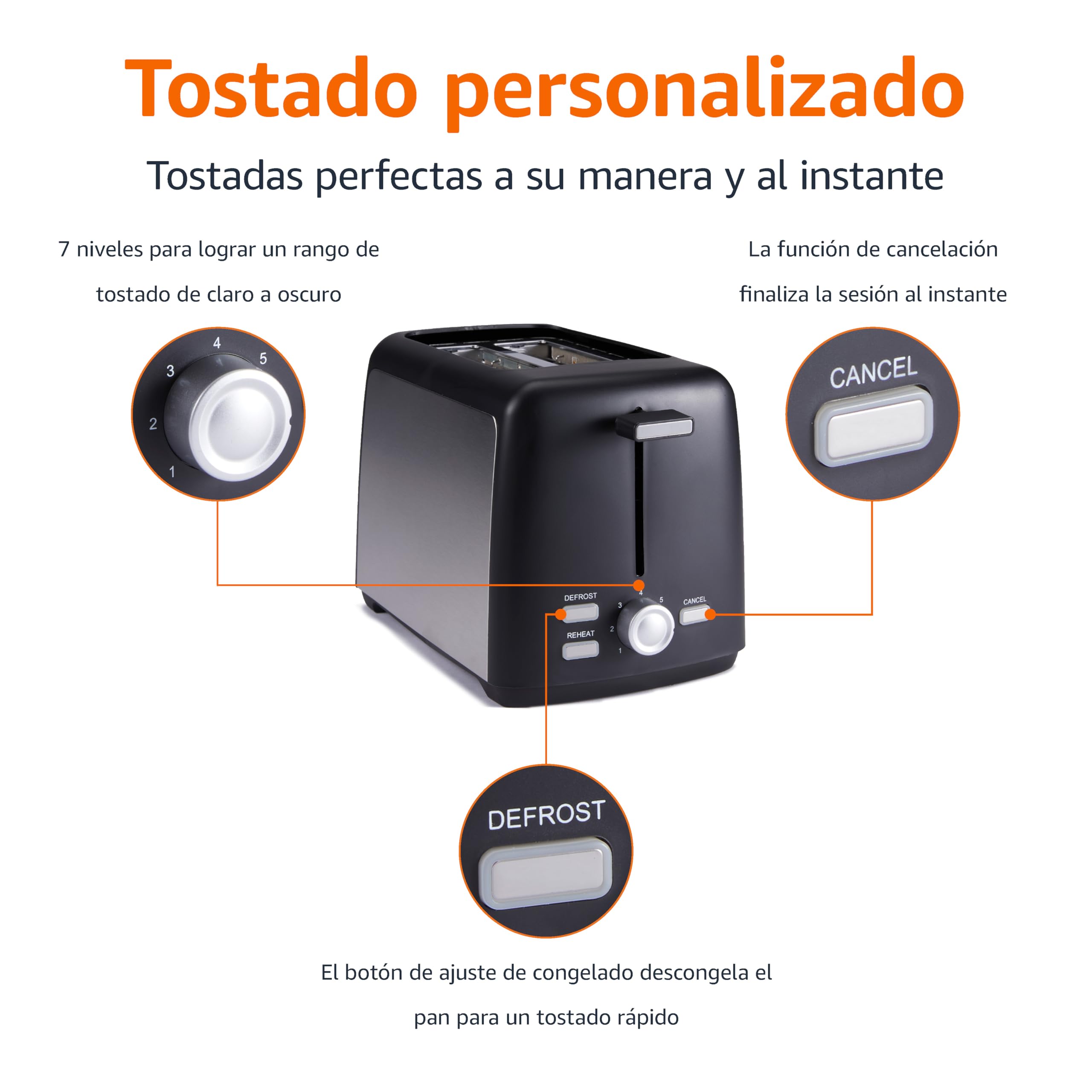 Amazon Basics Tostadora 2 Rebanadas con 7 Niveles de Tostado y Bandeja para Migas Extraíble, Ranuras Extra Anchas, 800W, Negro