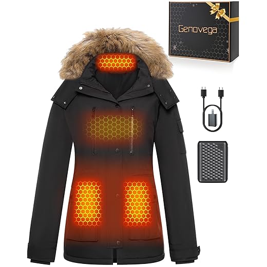 Women Long Puffer Graphene Heated Jacket Ladies Electric Warming Coat Winter Heating Apparel Christmas Birthday Ideas Gifts Mom Grandma Grandmother Mother Law Wife Girlfriend Her Godmother Proposal