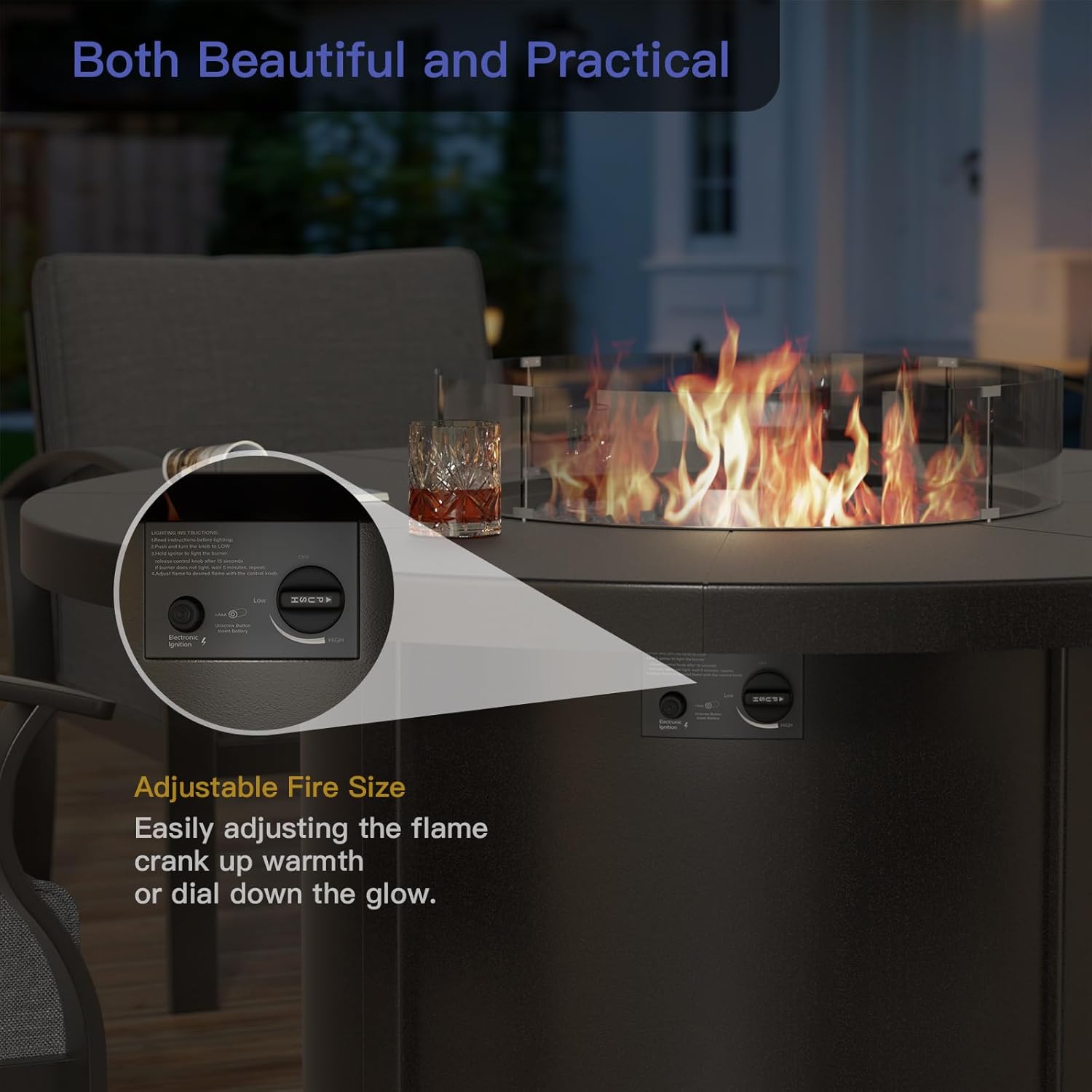 Kurapika 5 Piece Metal Outdoor Patio Furniture Set with Round Fire Pit Table, Patio Conversation Sets 4 Swivel Chairs with Thick Cushion and 40000 BTU Fire Pit Table, Navy Blue